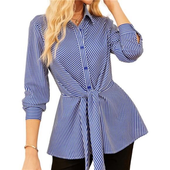 Peplum Tops Tie Front Striped Blouse Blue - Picture 1 of 6